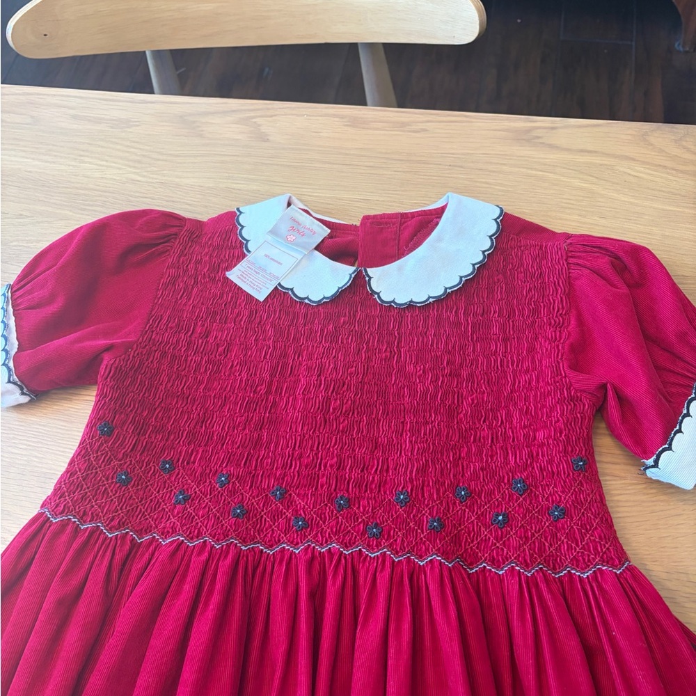 Vintage Laura Ashley Girls Red Corduroy Smocked Dress White Scalloped Collar